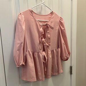 SHEIN Pink Long-Sleeve Tie-Front Peplum Top